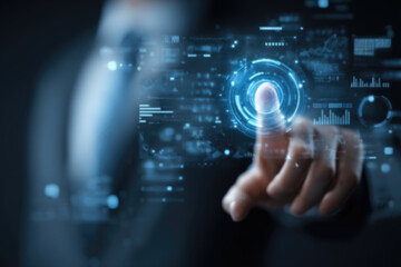 AI-Driven Workflow, Automating Data Management Analytics and Business Reports with KPIs, Predictive Insights, and Big Data Integration. Businessman touching Virtual Screen with Decision-Making Tech