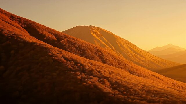 Animated Mountain Range Covered with Trees Illuminated by Golden Sunset Light Loopable Scenic Background