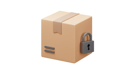 3D Secure Brown Box with Padlock Package Delivery Transparent Background