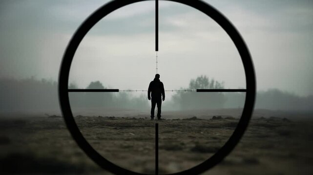 Silhouette of a lone figure in a sniper scope view