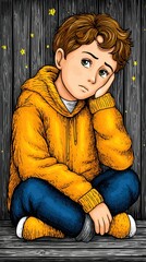 Pensive Boy in Orange Hoodie Pixel Art Illustration