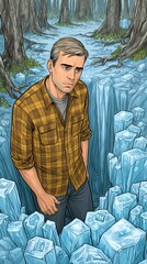 Pensive Man Amidst Fractured Ice Crystals in a Forest