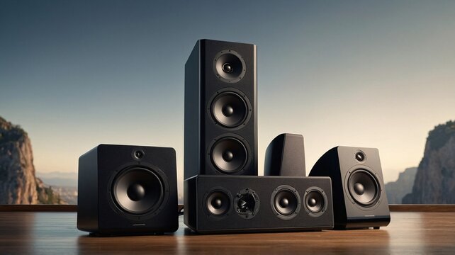 A sleek array of black audio speakers displayed elegantly against a scenic background, showcasing modern design and sound quality.