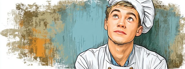 Pensive Young Male Chef in White Uniform Against Textured Background