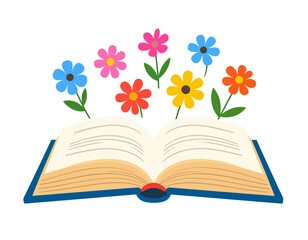 Colorful flowers bloom from an open book on white