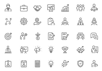 Business Icon Set Featuring businessman, portfolio, partnership, planning, analytics, teamwork, leadership, finance, strategy, management, project success, marketing, and more