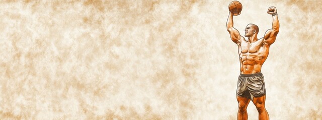 Pixel Art Depiction of a Muscular Man Celebrating Victory Against a Beige Textured Background