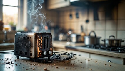 Smoke billows from a burnt toaster left on a messy kitchen counter during breakfast preparation