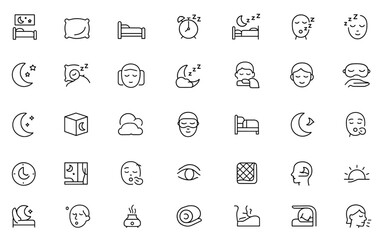 Sleep icon set with bedroom, pillow, bed, alarm clock, insomnia, night rest, dream, sleeping, and more. Vector illustration of sleep, relaxation, slumber, bedtime, calm, comfort, and wellness,