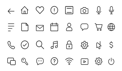 User interface icon set with basic UI and UX elements, editable stroke vector illustration including essential buttons, media, application, social, commerce, and website icons