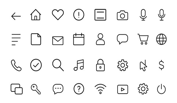 User interface icon set with basic UI and UX elements, editable stroke vector illustration including essential buttons, media, application, social, commerce, and website icons