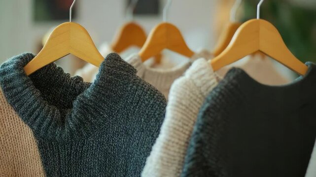 A row of knit sweaters in various styles and colors for women.