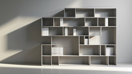 Modern bookshelf design showcasing creative arrangement and shadows in well-lit interior space