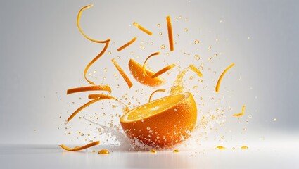 Freshly cut orange bursts with water and zest in a dynamic kitchen setting full of vibrant colors and textures