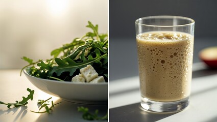 Fresh arugula salad with cheese alongside a creamy smoothie served in a glass during afternoon light