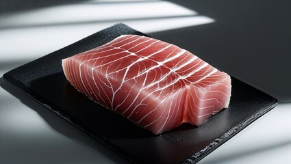 Fresh sushi-grade tuna placed on a sleek black plate with dramatic lighting creating shadows and highlighting the texture