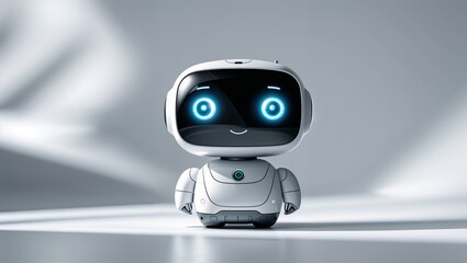 Cute robot companion displays friendly demeanor in modern setting during daylight hours