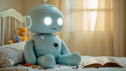 Friendly robot sits on bed reading a book, surrounded by toys in a cozy, sunlit room during the afternoon