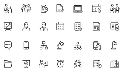 Workspace and office icon set. Vector illustration of workplace, team, time management, documents, business tools, laptop, schedules, meetings, strategy, employee, manager