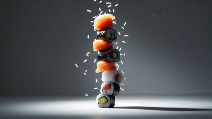 Sushi tower stacked with various rolls and salmon at a contemporary kitchen setting