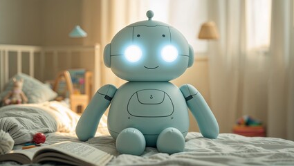 Interactive robot toy sits on a bed in a cozy child's room during daylight, engaging in playtime activities