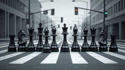 Chess pieces stand in the middle of a deserted street during a foggy morning