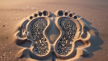 Unique footprints on sandy beach at sunset showing intricate patterns and designs