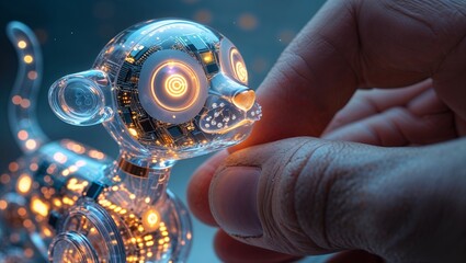 Robot dog being fine-tuned with glowing circuits and advanced technology in an imaginative futuristic setting