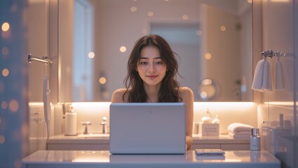 Young woman working on laptop in a softly lit bathroom during evening hours