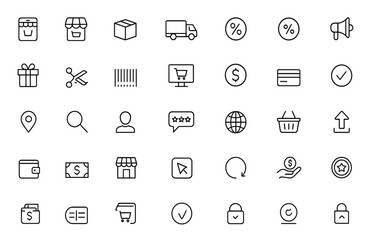 E-commerce Shopping Icon Set with Mobile Shop, Cart, Shipping, Testimonials & More. Vector Illustration for Online Store, Retail, Payment, Delivery, Promotion, Secure Checkout, Digital Sales