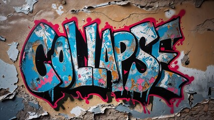 Colorful graffiti reading collapse on a weathered wall in an abandoned building during daylight hours