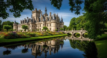 Obraz premium Majestic fairy tale castle with ornate spires set in lush gardens reflecting in a tranquil river