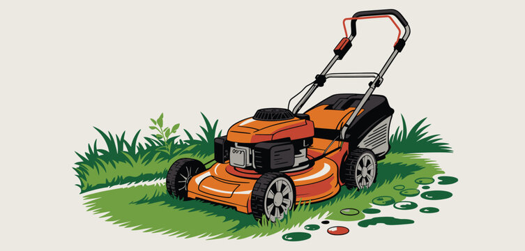 Modern orange lawn mower parked on green grass with dew drops