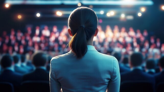 Businesswoman gesturing while giving a presentation on stage at a corporate event with a large audience in attendance