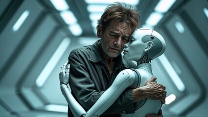 Emotional connection between a man and a humanoid robot in a futuristic setting