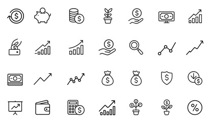 Financial profit line icon set, editable stroke icons for money income, savings, cash, investment, banknote, exchange, revenue, growth, economy, market trend analysis vector illustration.