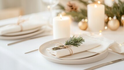 Minimalist christmas table setting with burning candle, rosemary, plates, napkin and christmas lights, copy space
