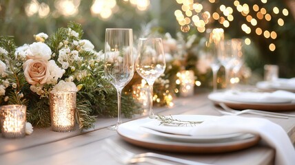 Christmas dinner table setting with candles, wine glass, and festive decorations creating a warm and inviting atmosphere