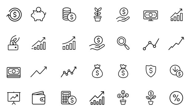 Financial profit line icon set, editable stroke icons for money income, savings, cash, investment, banknote, exchange, revenue, growth, economy, market trend analysis vector illustration.