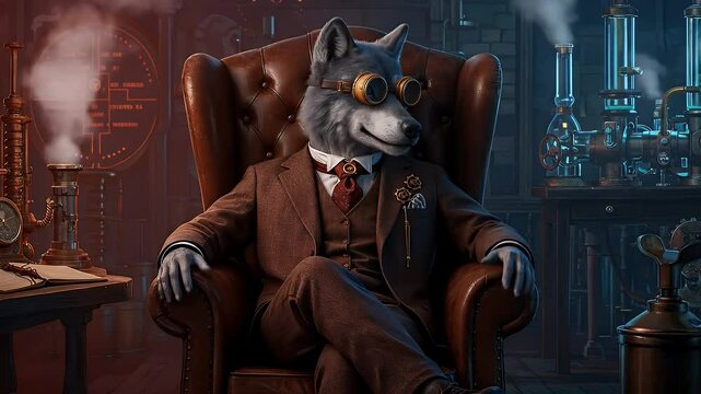 Animated Wolf Character in Brown Suit Relaxing in Leather Armchair with Steampunk Goggles in Steampunk Setting