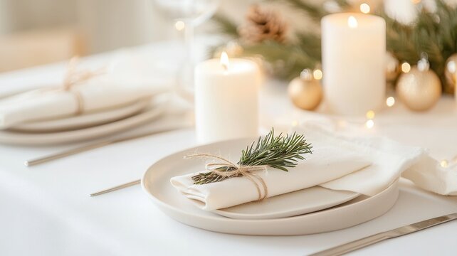 Minimalist christmas table setting with burning candle, rosemary, plates, napkin and christmas lights, copy space