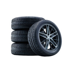 Naklejka premium Stacked tires and wheels. Dark, realistic image