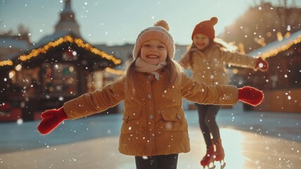 Two happy twin sisters are skating together at an ice rink, enjoying the festive atmosphere of a christmas market