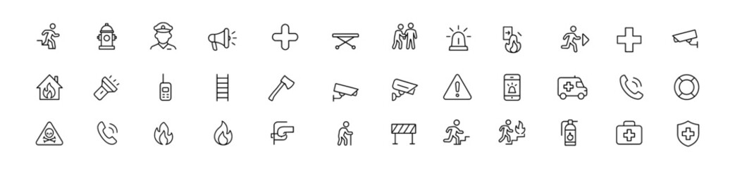 Emergency outline icon set with evacuation, SOS call, ambulance, emergency hotline, exit signage, hazard warning, safety pictograms, escape support, response icons, vector illustration.