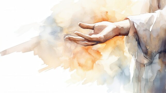 Hand of jesus christ extending in a watercolor painting, symbolizing help, compassion, and salvation
