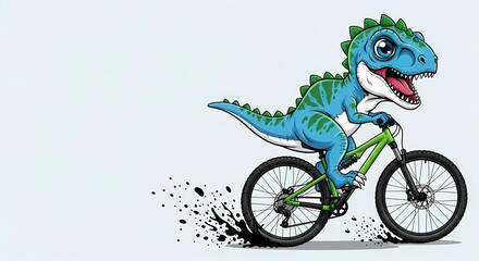 A cartoon dinosaur with blue skin and green markings rides a green mountain bike, leaving a trail of black splatter behind.