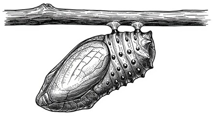 Engraved Illustration of a Chrysalis Hanging from a Twig