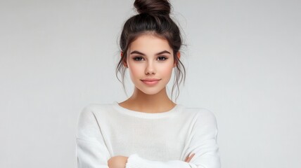 Obraz premium Smiling young woman with freckled skin and pulled back hair wearing cozy knit sweater during relaxed studio portrait session
