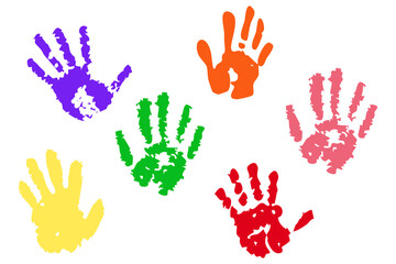 Fototapeta premium Hand rainbow print, color paint stain, handprint set. Happy childhood artistic kids stamp collection. Abstract handprint, vibrant paint splashes. Creative symbols children art