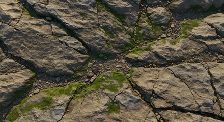 Topdown view of cracked light brown rock formations with green moss and gravel pathways